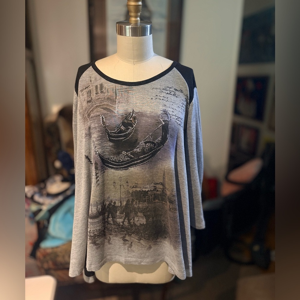 Made in USA Gondola Scene Embellished Knit Top | 3/4 Sleeve Graphic Tunic | XL